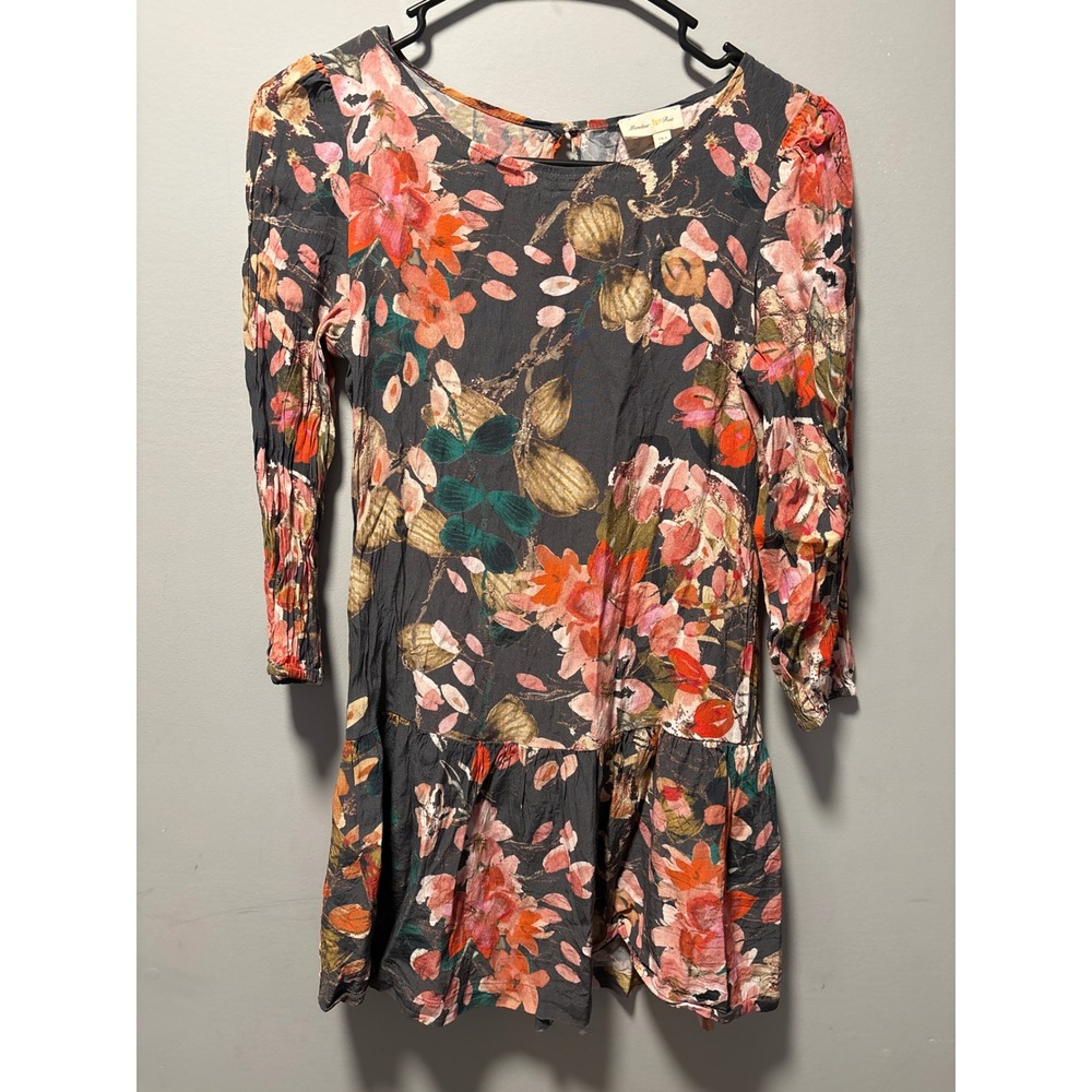 Meadow Rue Anthropologie Floral Mini Dress Gray Orange Rayon Size 0 Boho Pockets
